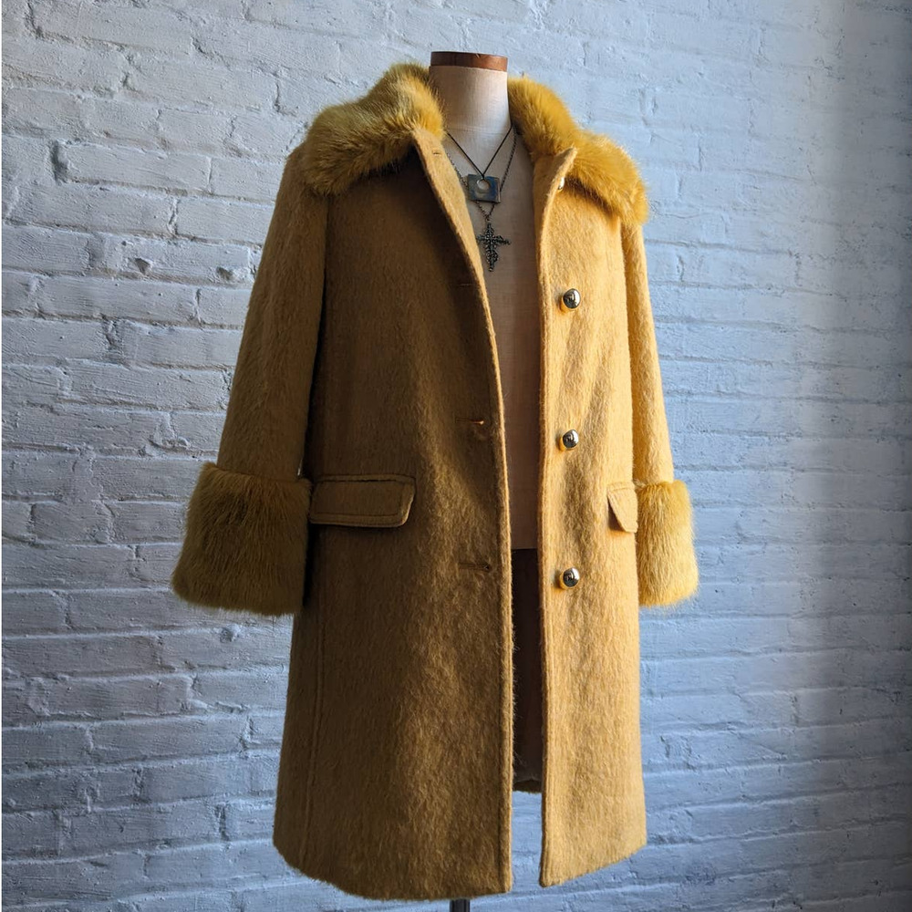 Retro 70s style Groovy Yellow Wool Yellow Penny Lane Jacket Shag Trench Coat - Picture 4 of 9
